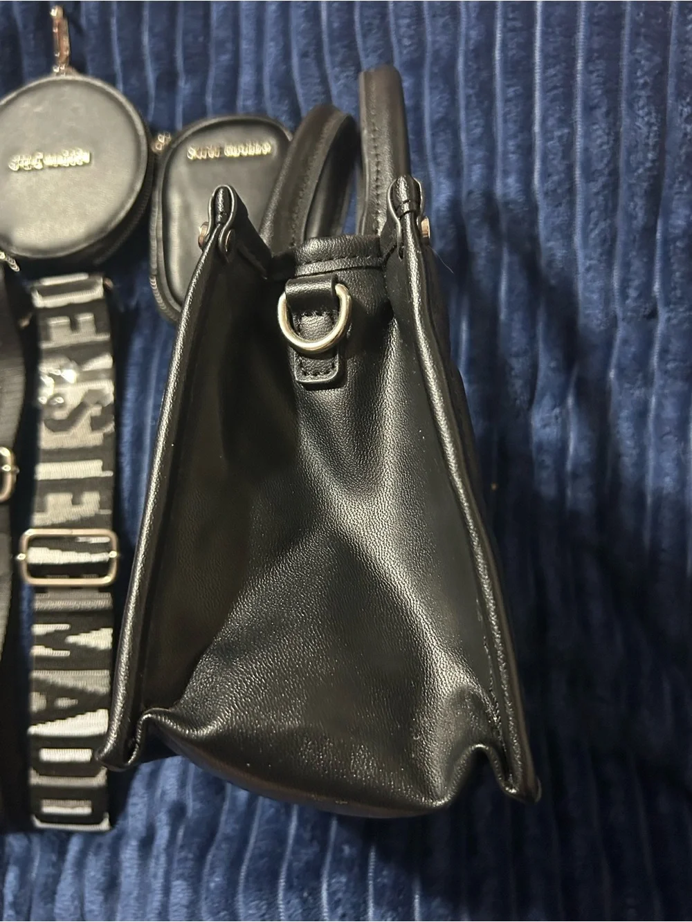 Steve Madden Black Quilted Mini Satchel with Branded Strap and Pouches